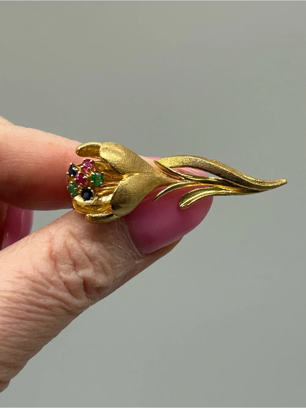Vintage 1960s 18K Gold Gemstone Flower Brooch — with sapphires, rubies, emeralds
